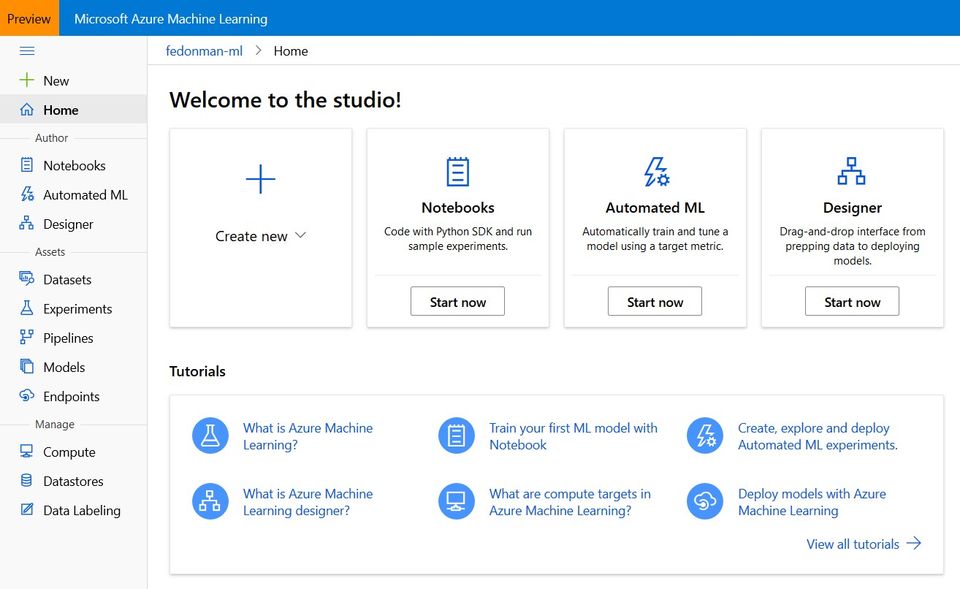 The Azure Maching Learning Studio interface